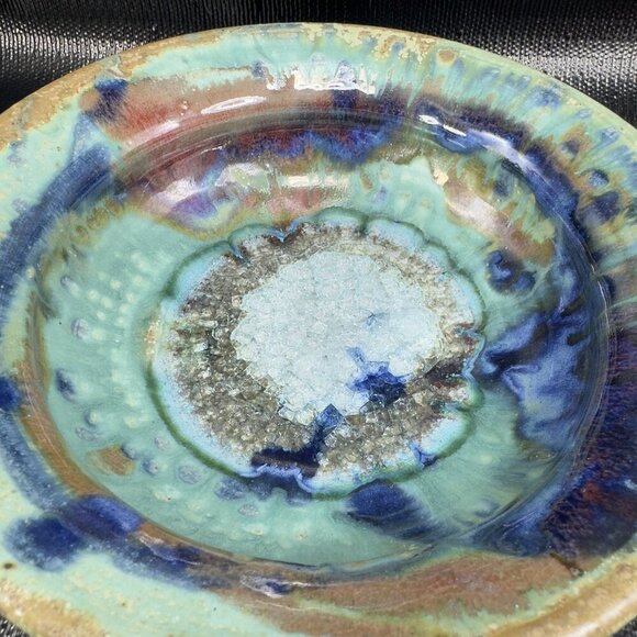 1980s Hand Made Pottery Dish Bowl Large Crystalline Glaze 8inch Recycle Center - Picture 3 of 14